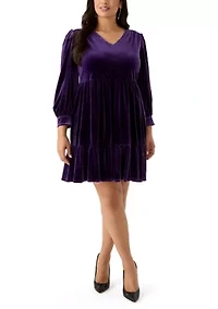 Plus Long Sleeve V-Neck Velvet A-Line Dress