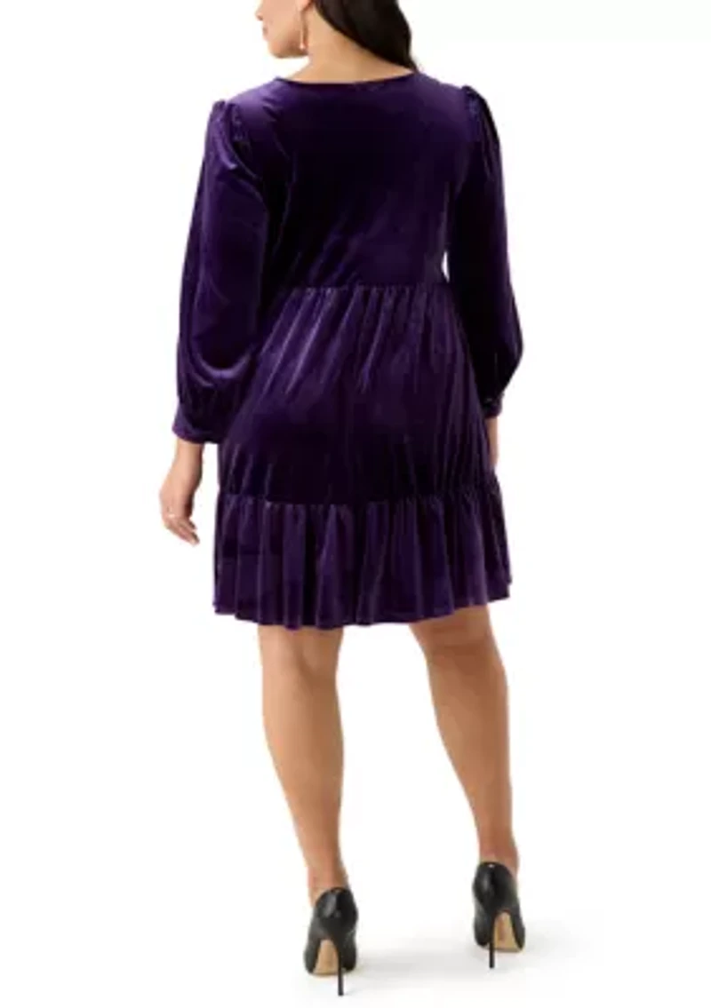 Plus Long Sleeve V-Neck Velvet A-Line Dress