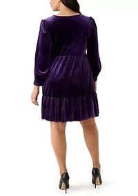 Plus Long Sleeve V-Neck Velvet A-Line Dress