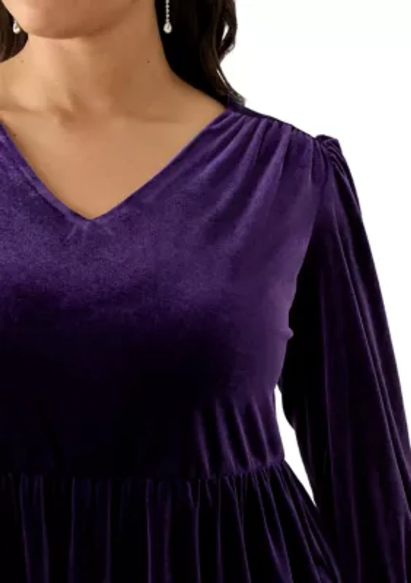 Plus Long Sleeve V-Neck Velvet A-Line Dress