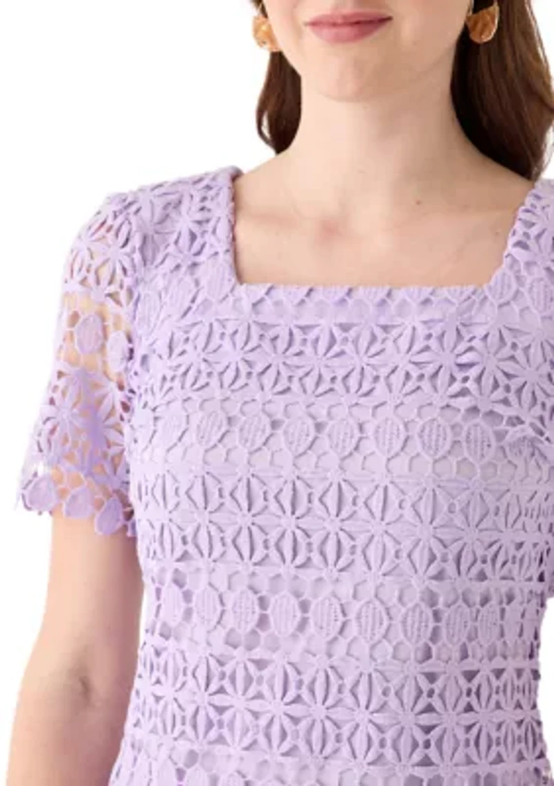 Women's Square Neck Sheath Eyelet Lace Dress