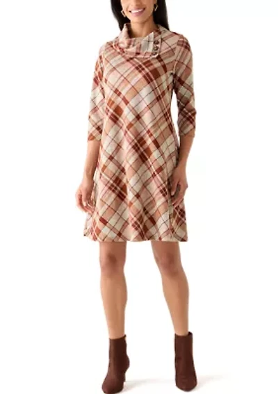 Women's Elbow Cap Sleeves Mock Neck Plaid Dress