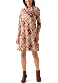 Women's Elbow Cap Sleeves Mock Neck Plaid Dress
