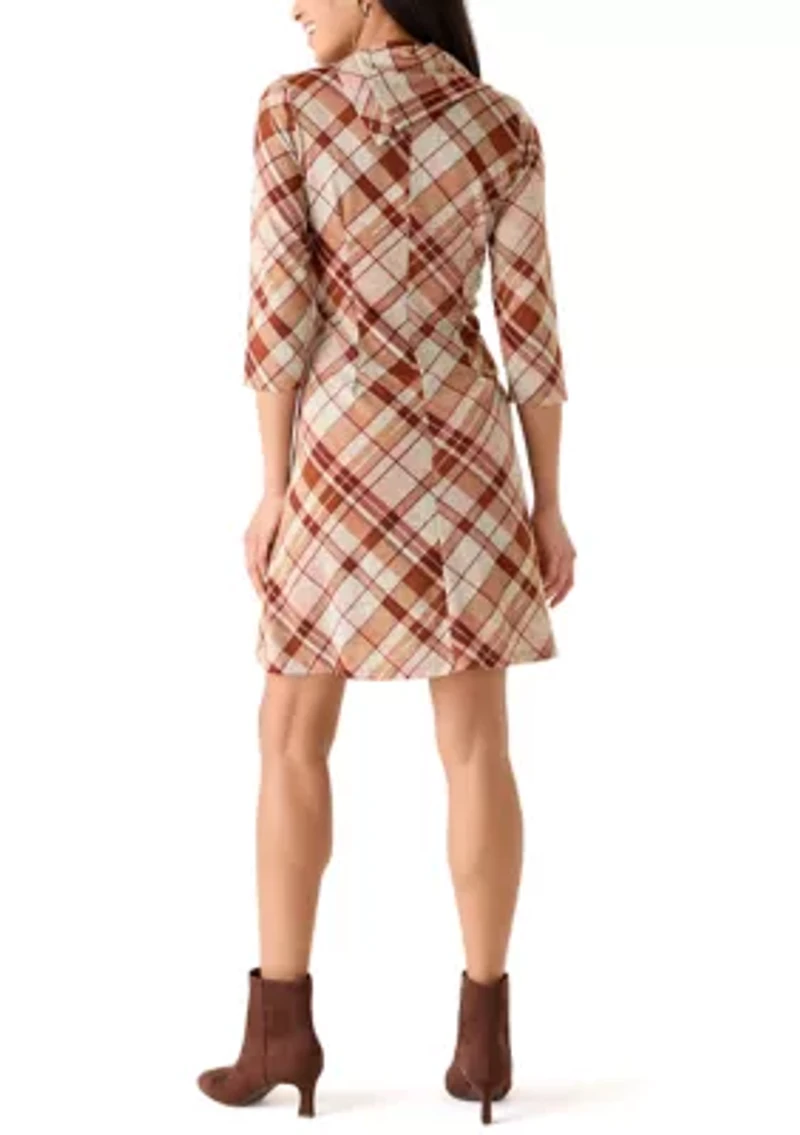Women's Elbow Cap Sleeves Mock Neck Plaid Dress