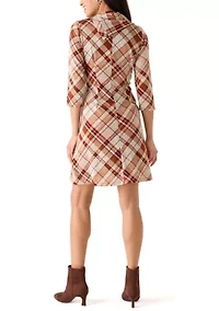 Women's Elbow Cap Sleeves Mock Neck Plaid Dress