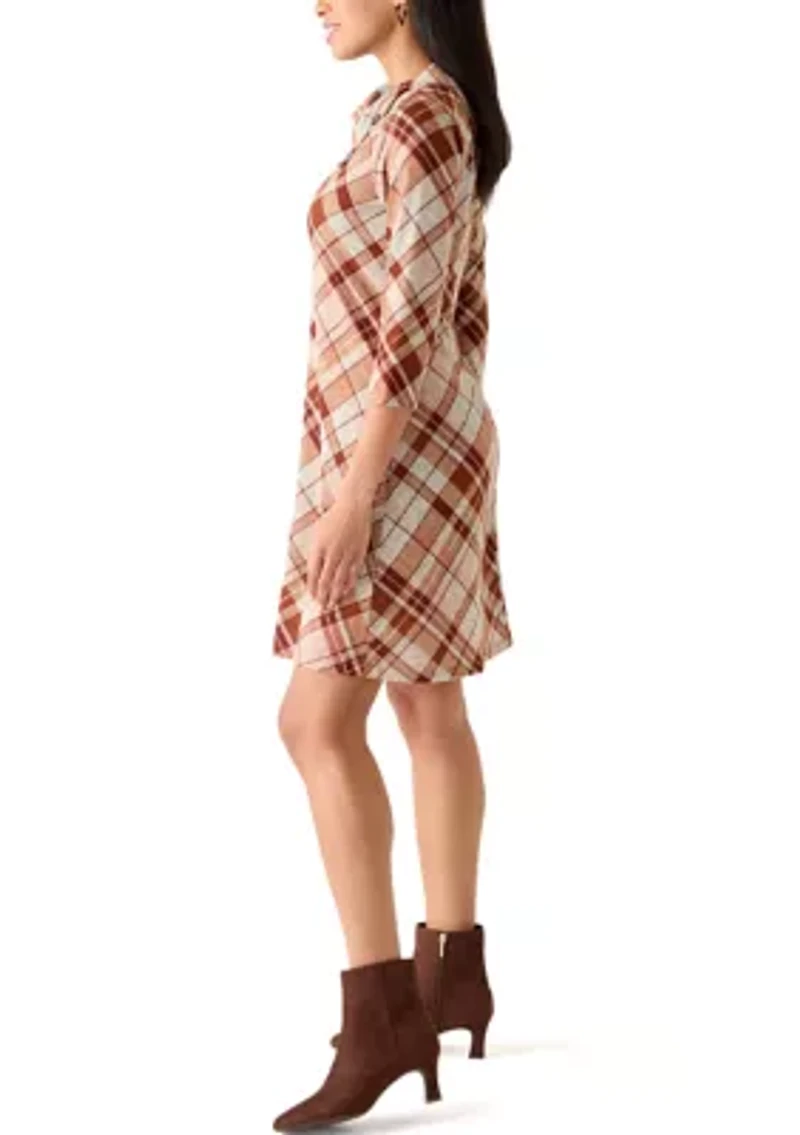 Women's Elbow Cap Sleeves Mock Neck Plaid Dress