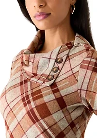 Women's Elbow Cap Sleeves Mock Neck Plaid Dress