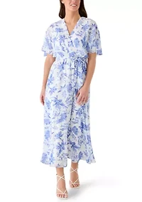 Women's Short Sleeve Pleated Floral Chiffon A-Line Dress