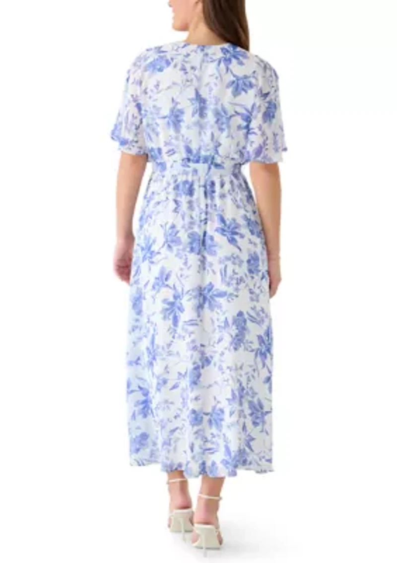 Women's Short Sleeve Pleated Floral Chiffon A-Line Dress