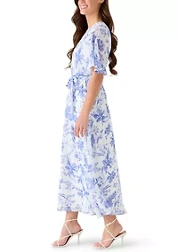 Women's Short Sleeve Pleated Floral Chiffon A-Line Dress
