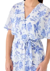 Women's Short Sleeve Pleated Floral Chiffon A-Line Dress