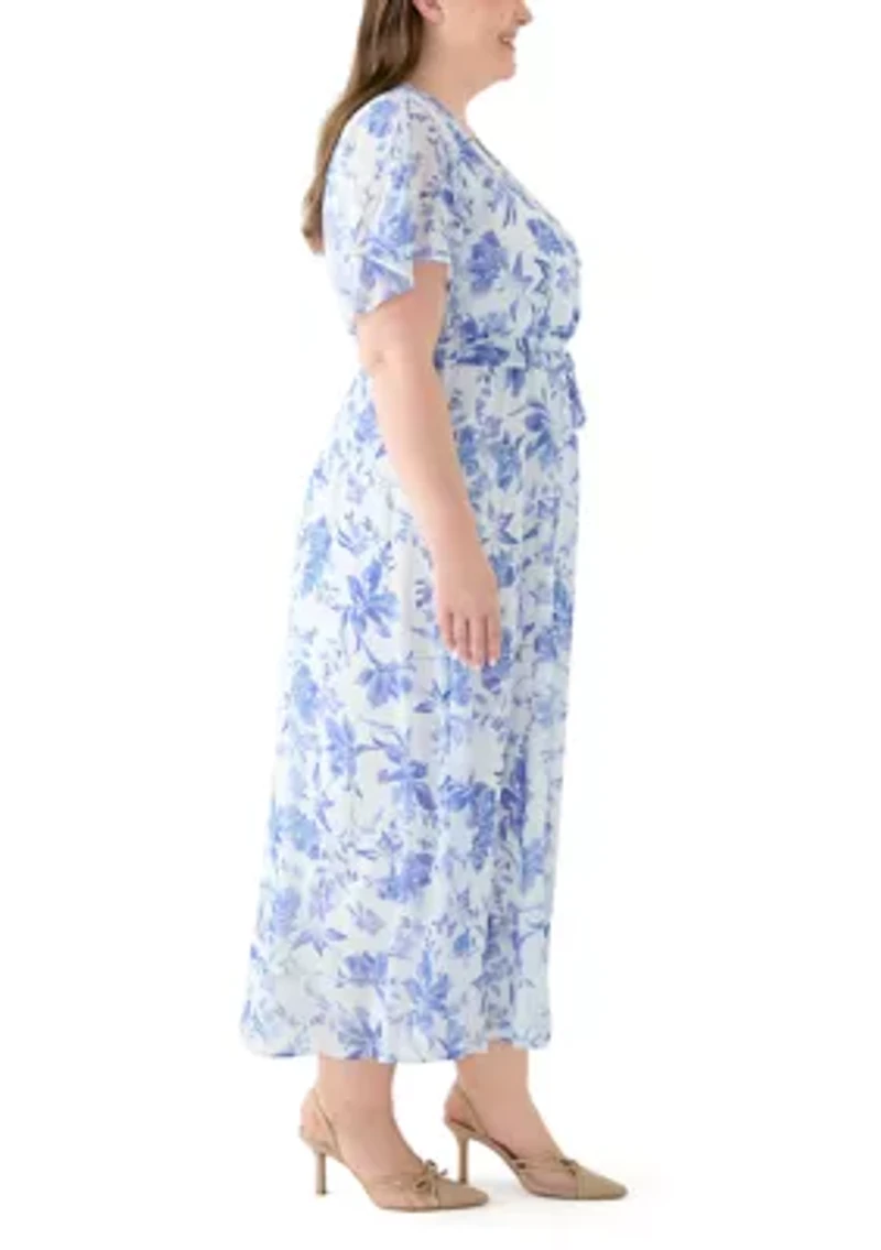 Plus V-Neck Floral Print Maxi Dress