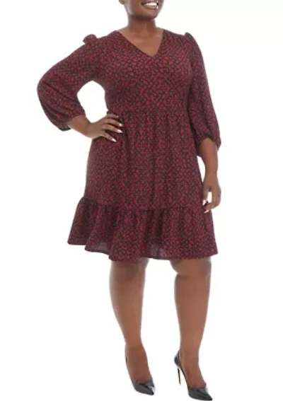 Plus 3/4 Sleeve V-Neck Floral Print Bubble Crepe Dress