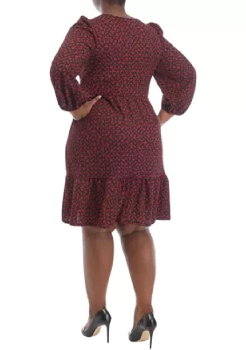 Plus 3/4 Sleeve V-Neck Floral Print Bubble Crepe Dress