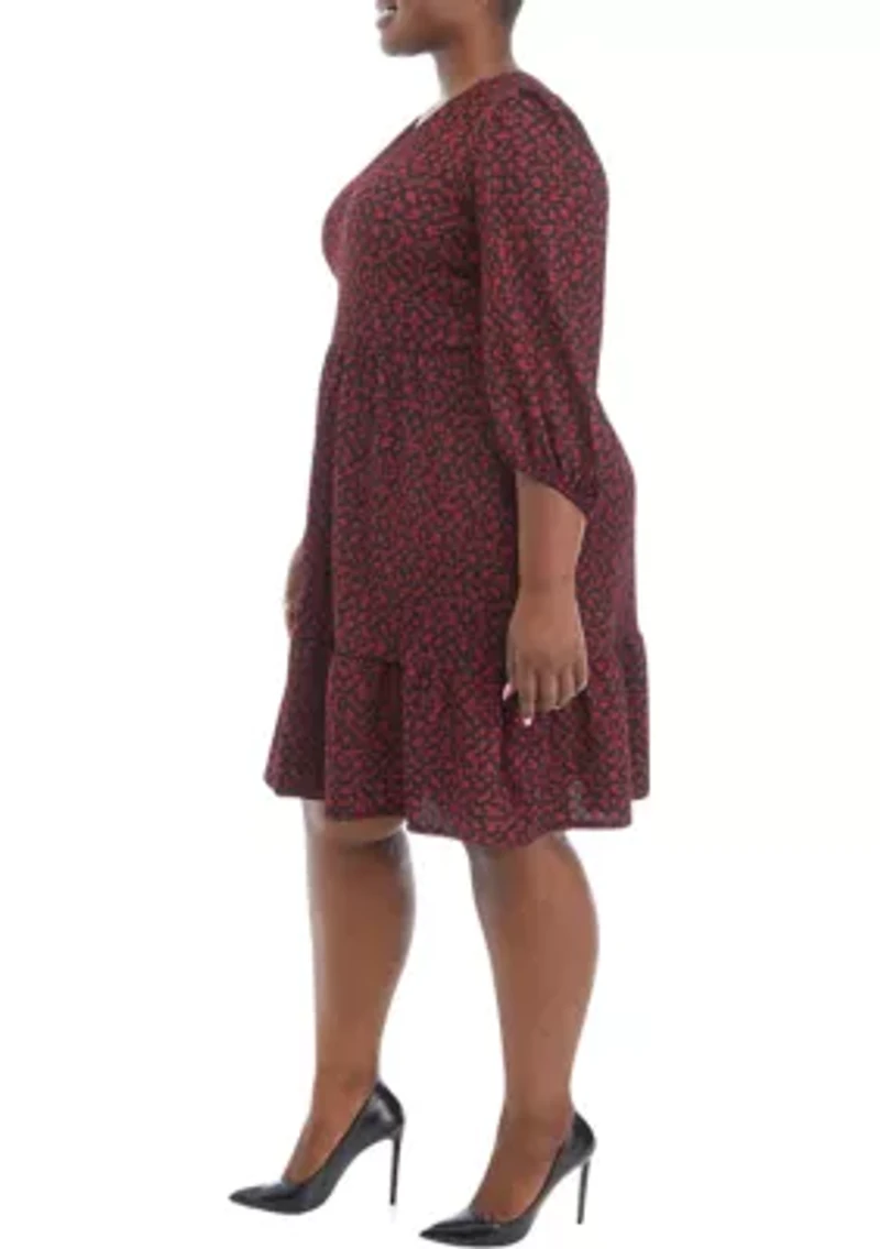 Plus 3/4 Sleeve V-Neck Floral Print Bubble Crepe Dress