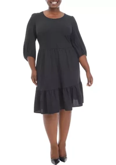 Plus 3/4 Sleeve Scoop Neck Solid Bubble Crepe Dress