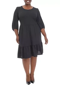 Plus 3/4 Sleeve Scoop Neck Solid Bubble Crepe Dress