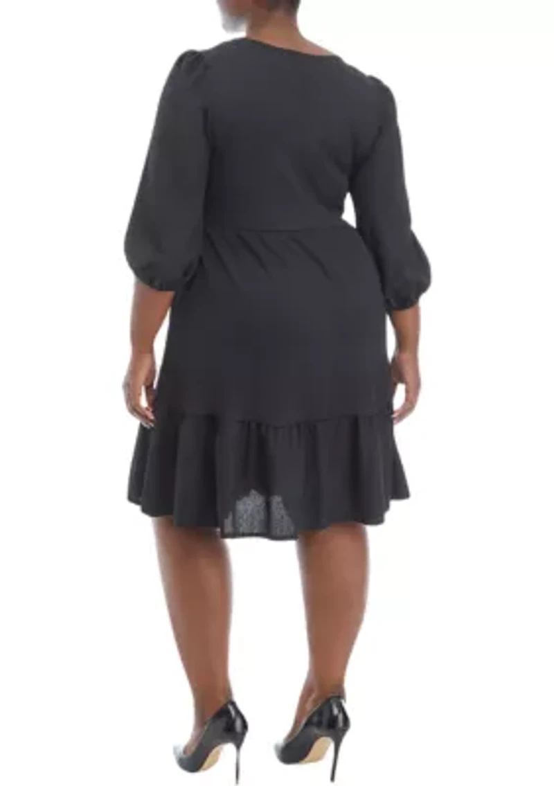 Plus 3/4 Sleeve Scoop Neck Solid Bubble Crepe Dress