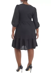 Plus 3/4 Sleeve Scoop Neck Solid Bubble Crepe Dress