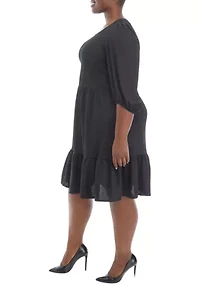Plus 3/4 Sleeve Scoop Neck Solid Bubble Crepe Dress