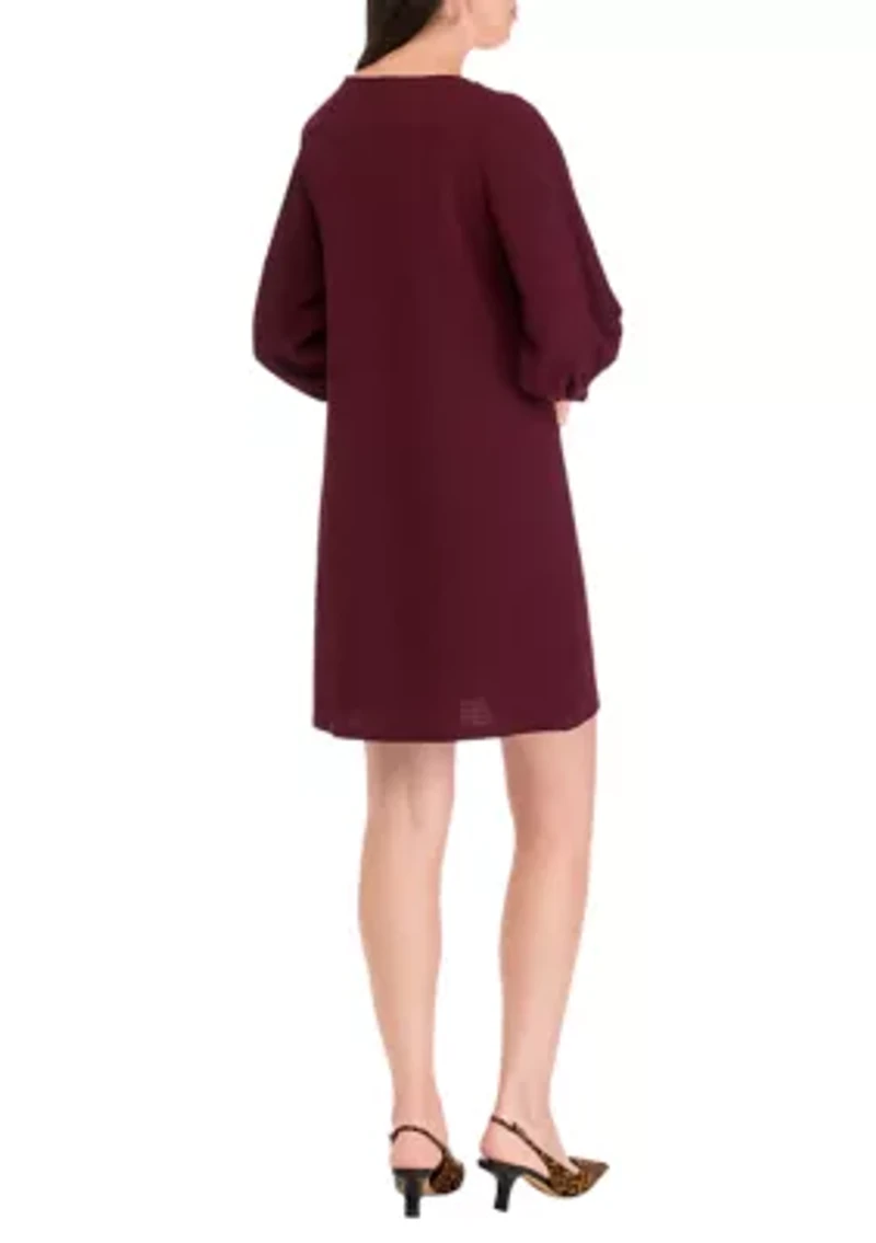Women's Long Puff Sleeve Crew Neck Solid A-Line Dress