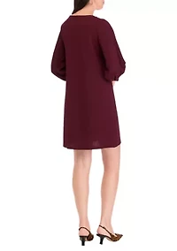 Women's Long Puff Sleeve Crew Neck Solid A-Line Dress