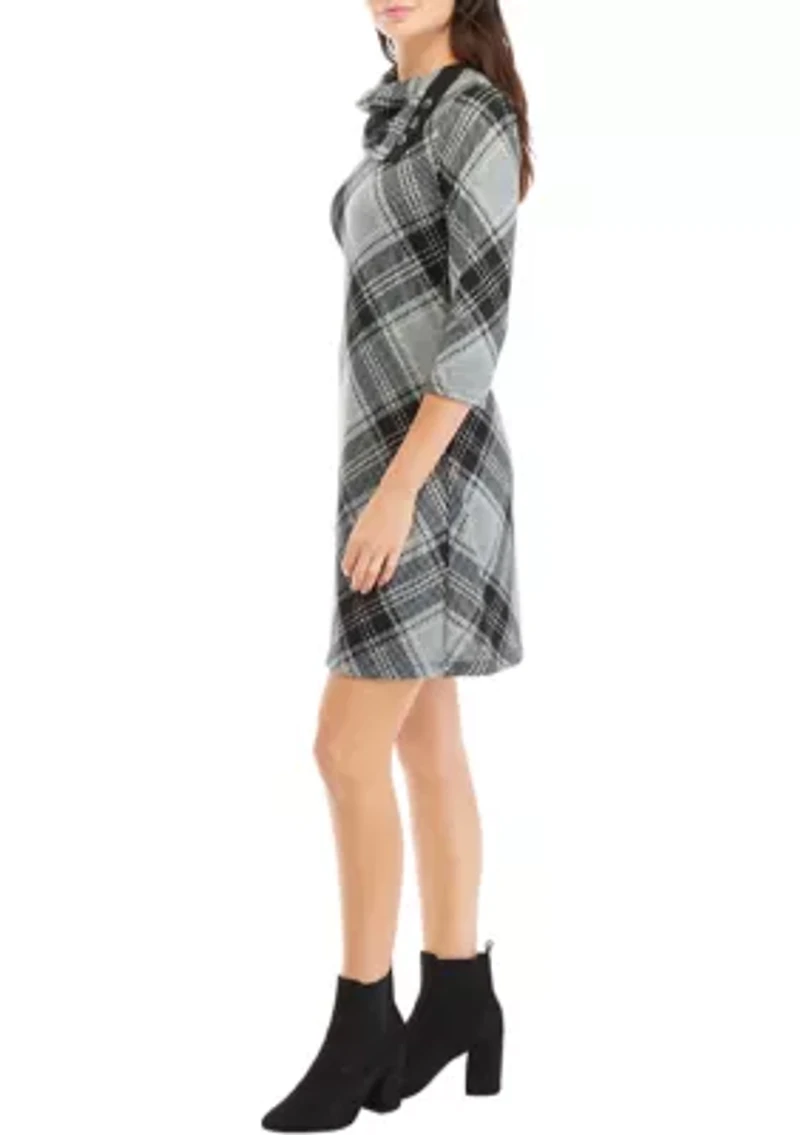 Women's 3/4 Sleeve Plaid A-Line Cozy Dress