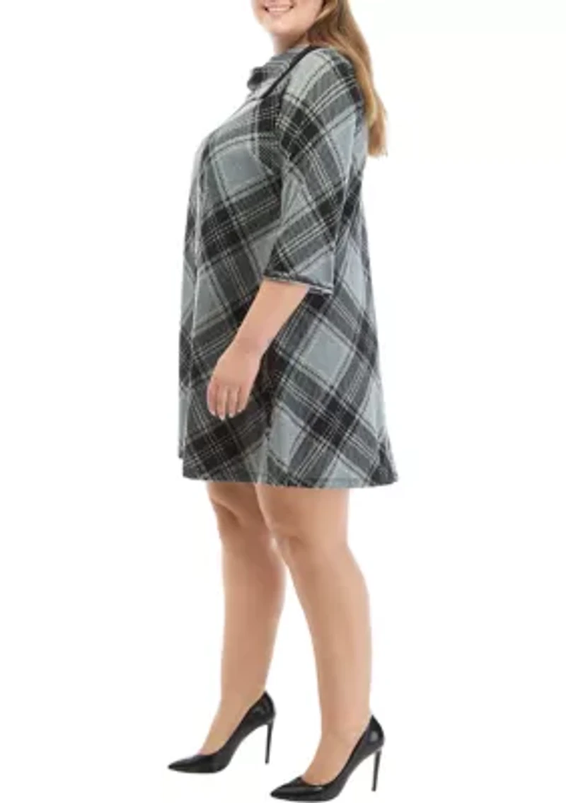 Plus Envelope Neck Plaid Cozy Fit and Flare Dress