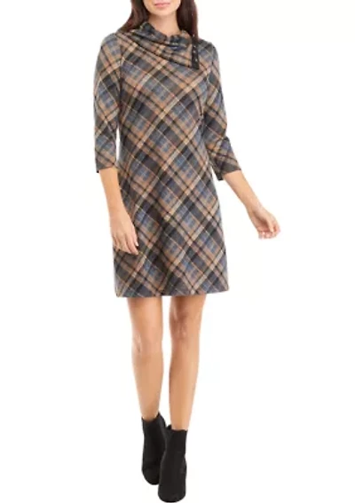 Women's 3/4 Sleeve Plaid A-Line Cozy Dress