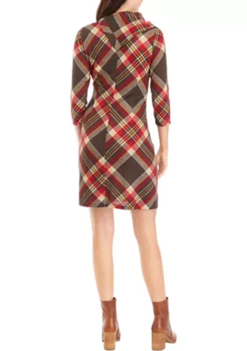 Women's 3/4 Sleeve Plaid A-Line Cozy Dress