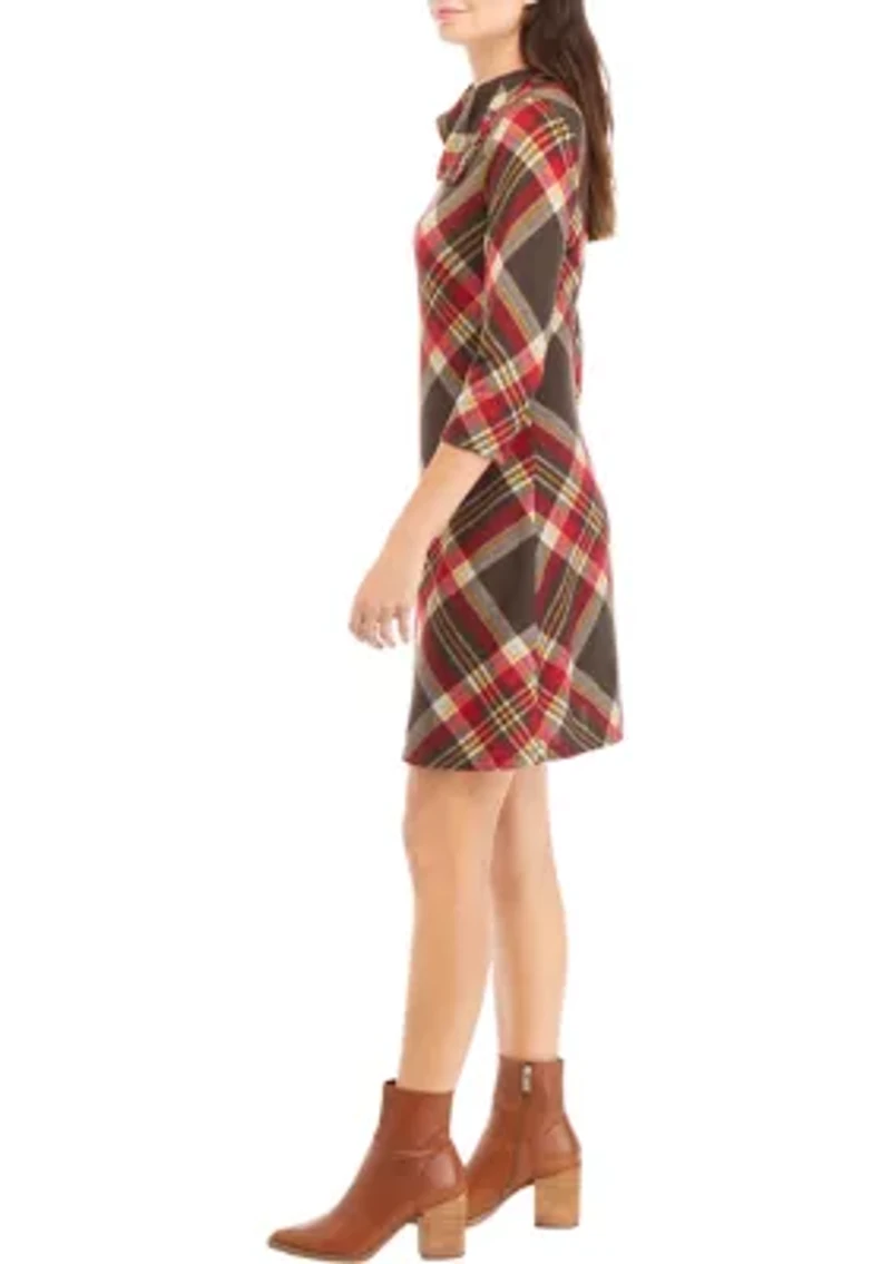 Women's 3/4 Sleeve Plaid A-Line Cozy Dress