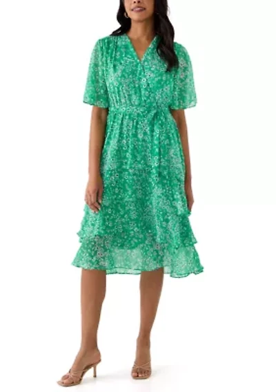 Women's Short Sleeve V-Neck Ditsy Floral Print Dress