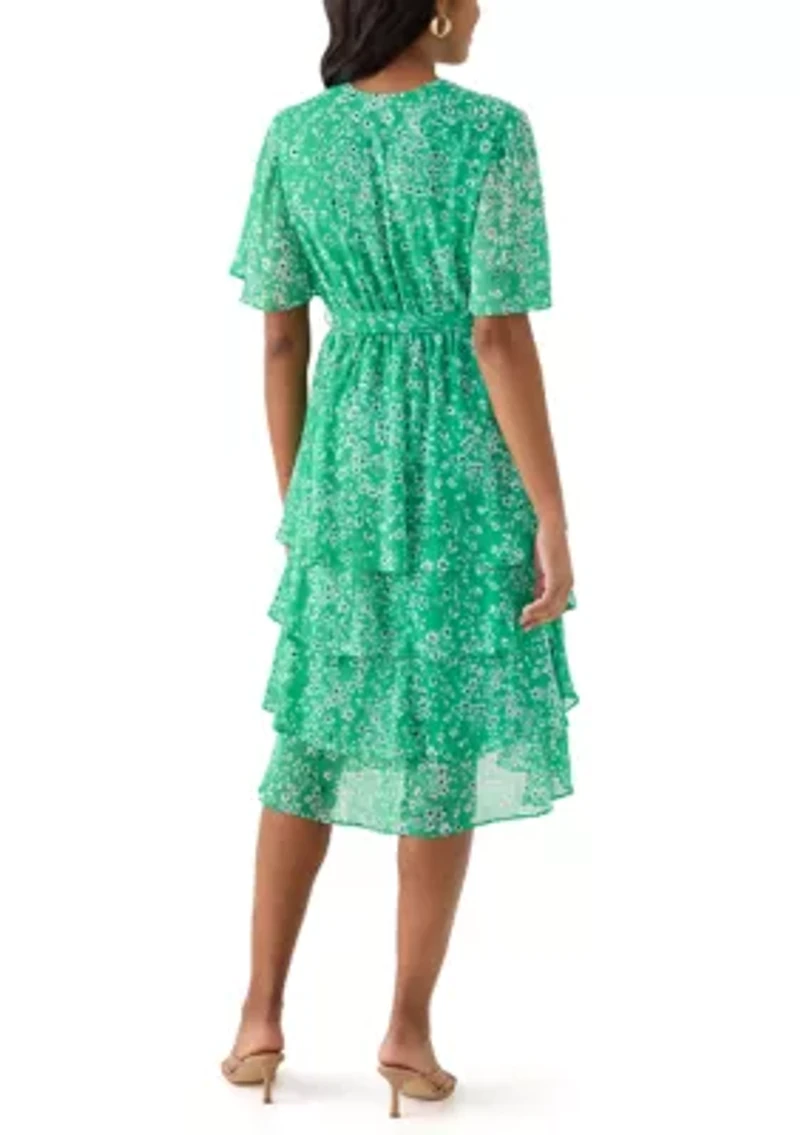 Women's Short Sleeve V-Neck Ditsy Floral Print Dress