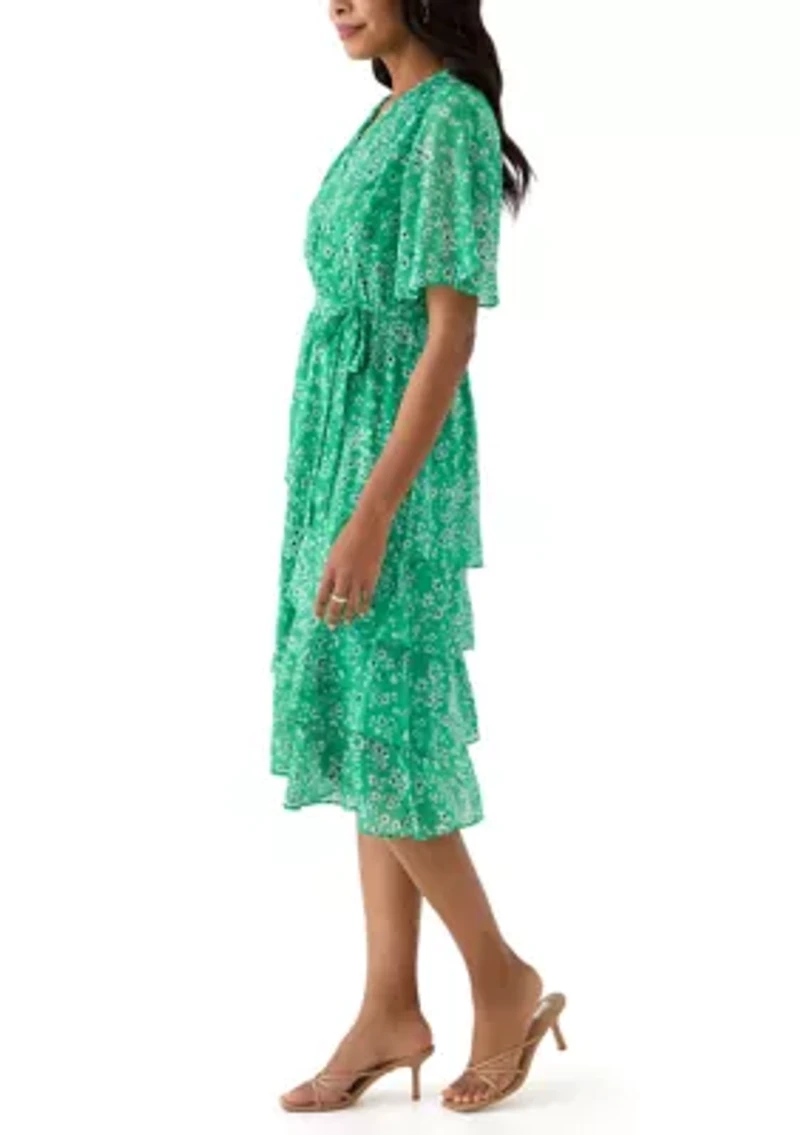 Women's Short Sleeve V-Neck Ditsy Floral Print Dress