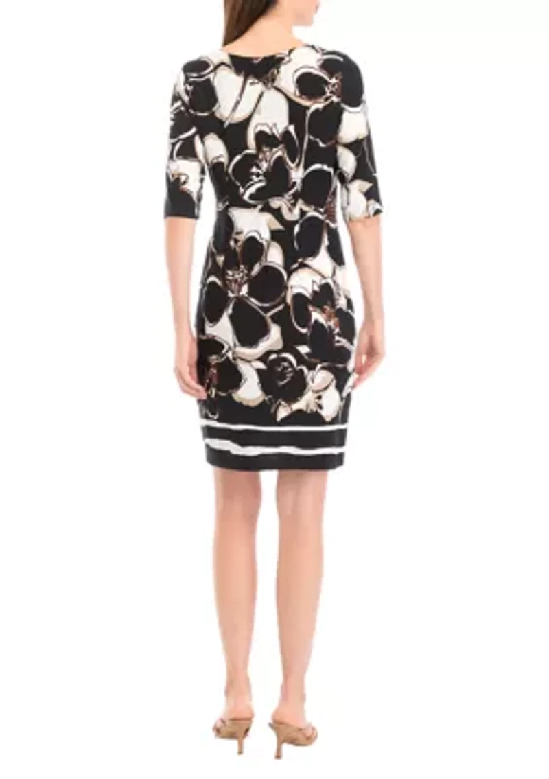 Women's Short Sleeve Asymmetric Neck Floral Slit Sheath Dress