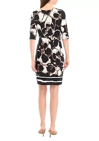 Women's Short Sleeve Asymmetric Neck Floral Slit Sheath Dress