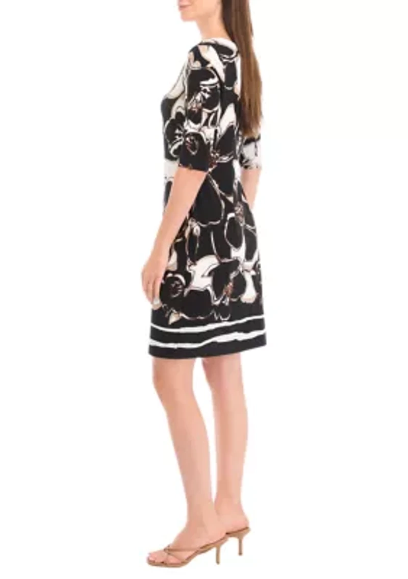 Women's Short Sleeve Asymmetric Neck Floral Slit Sheath Dress