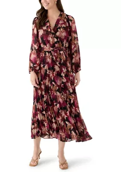 Women's Long Sleeve V-Neck Leaf Print Midi Dress