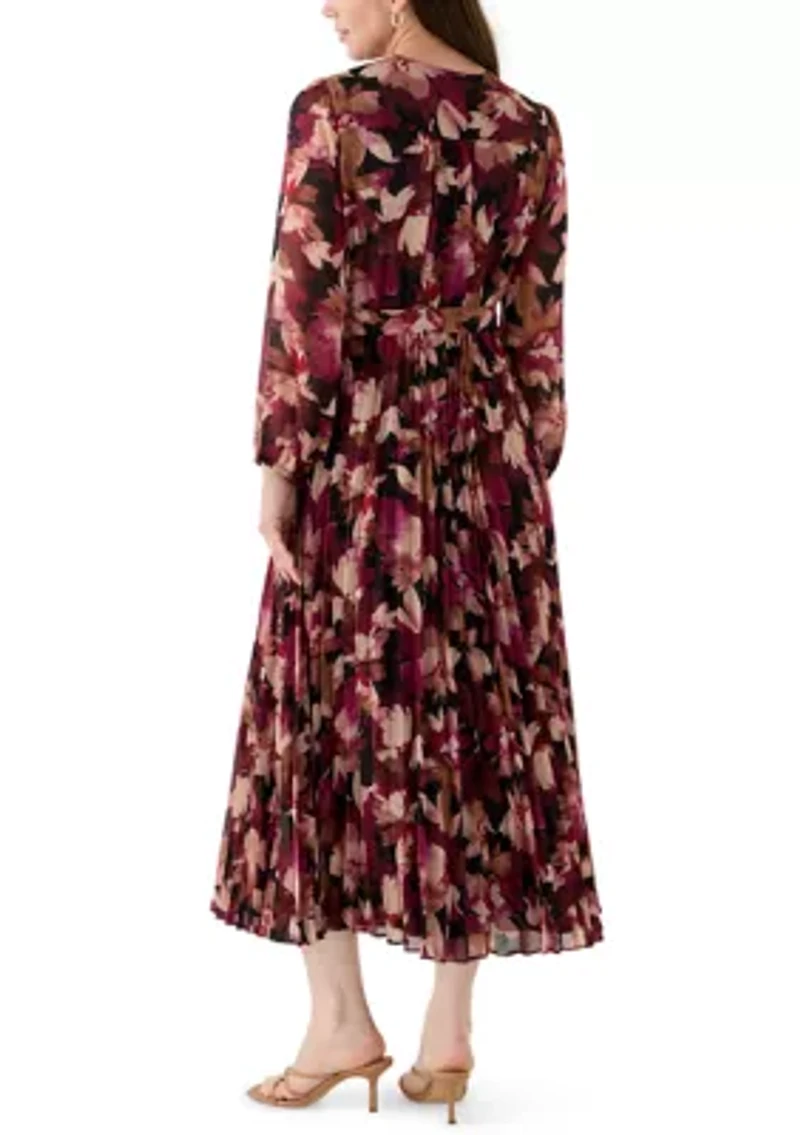 Women's Long Sleeve V-Neck Leaf Print Midi Dress