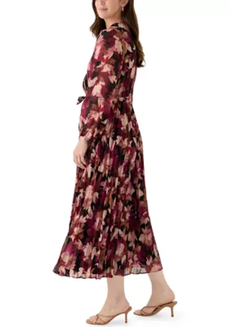 Women's Long Sleeve V-Neck Leaf Print Midi Dress