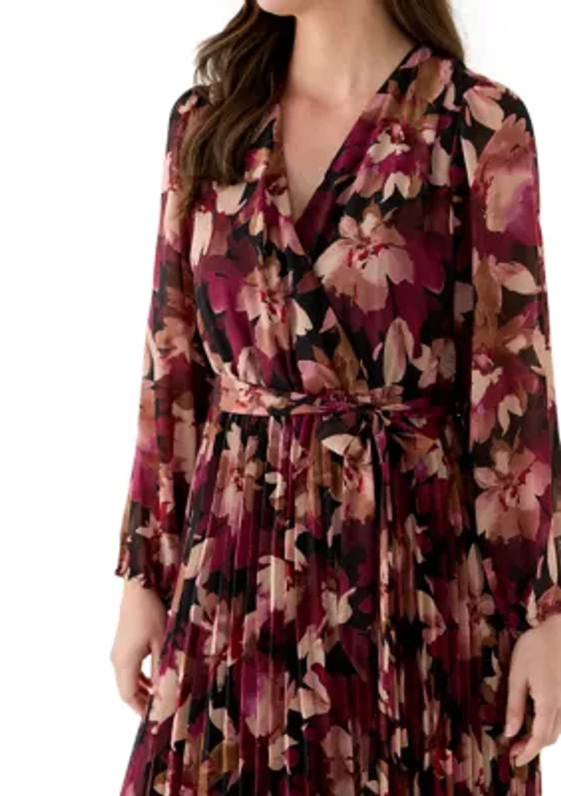 Women's Long Sleeve V-Neck Leaf Print Midi Dress