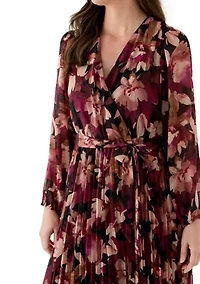 Women's Long Sleeve V-Neck Leaf Print Midi Dress