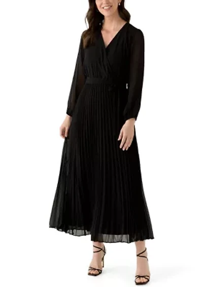 Women's 3/4 Sleeve Solid Belted Midi Chiffon Fit and Flare Dress