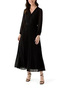 Women's 3/4 Sleeve Solid Belted Midi Chiffon Fit and Flare Dress