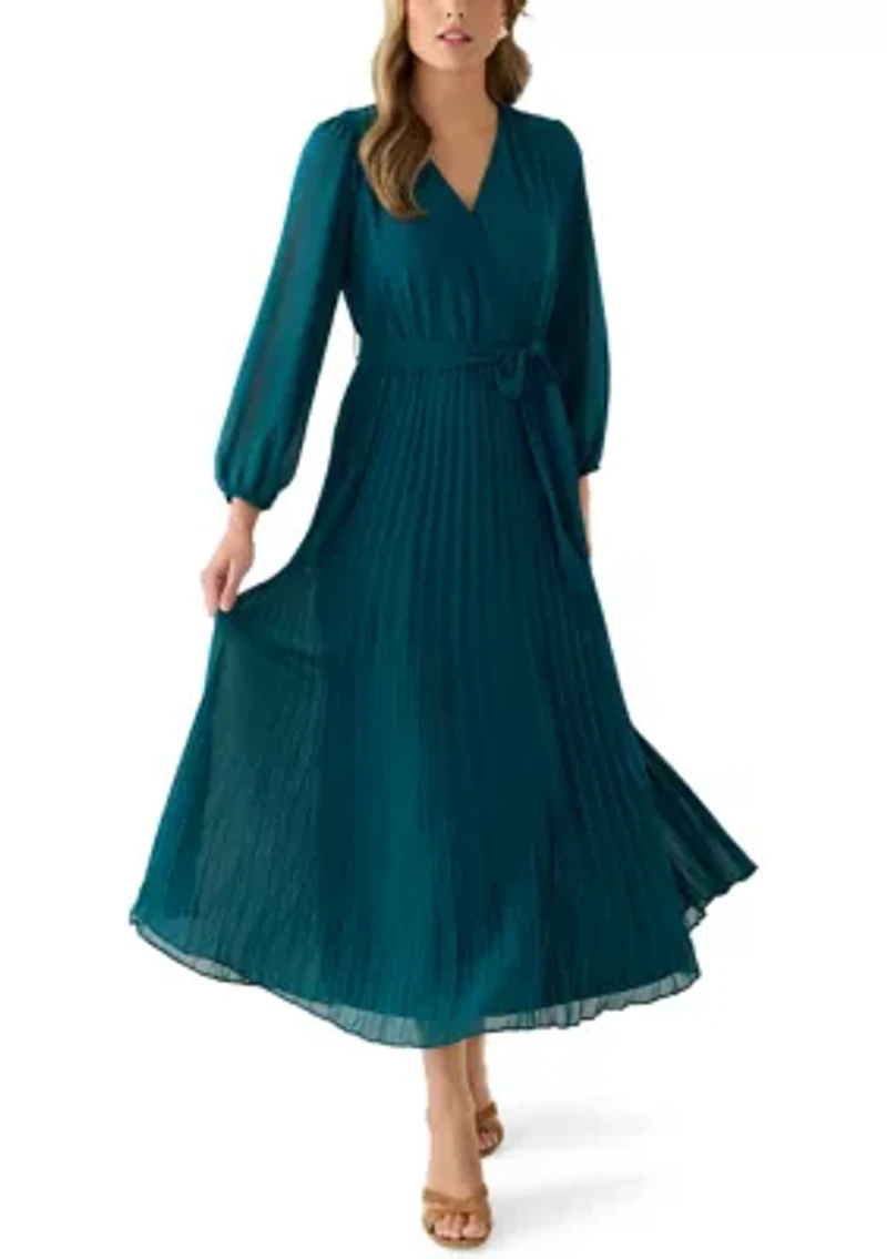 Women's 3/4 Sleeve Solid Belted Midi Chiffon Fit and Flare Dress