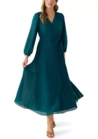 Women's 3/4 Sleeve Solid Belted Midi Chiffon Fit and Flare Dress