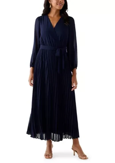 Women's 3/4 Sleeve Solid Belted Midi Chiffon Fit and Flare Dress