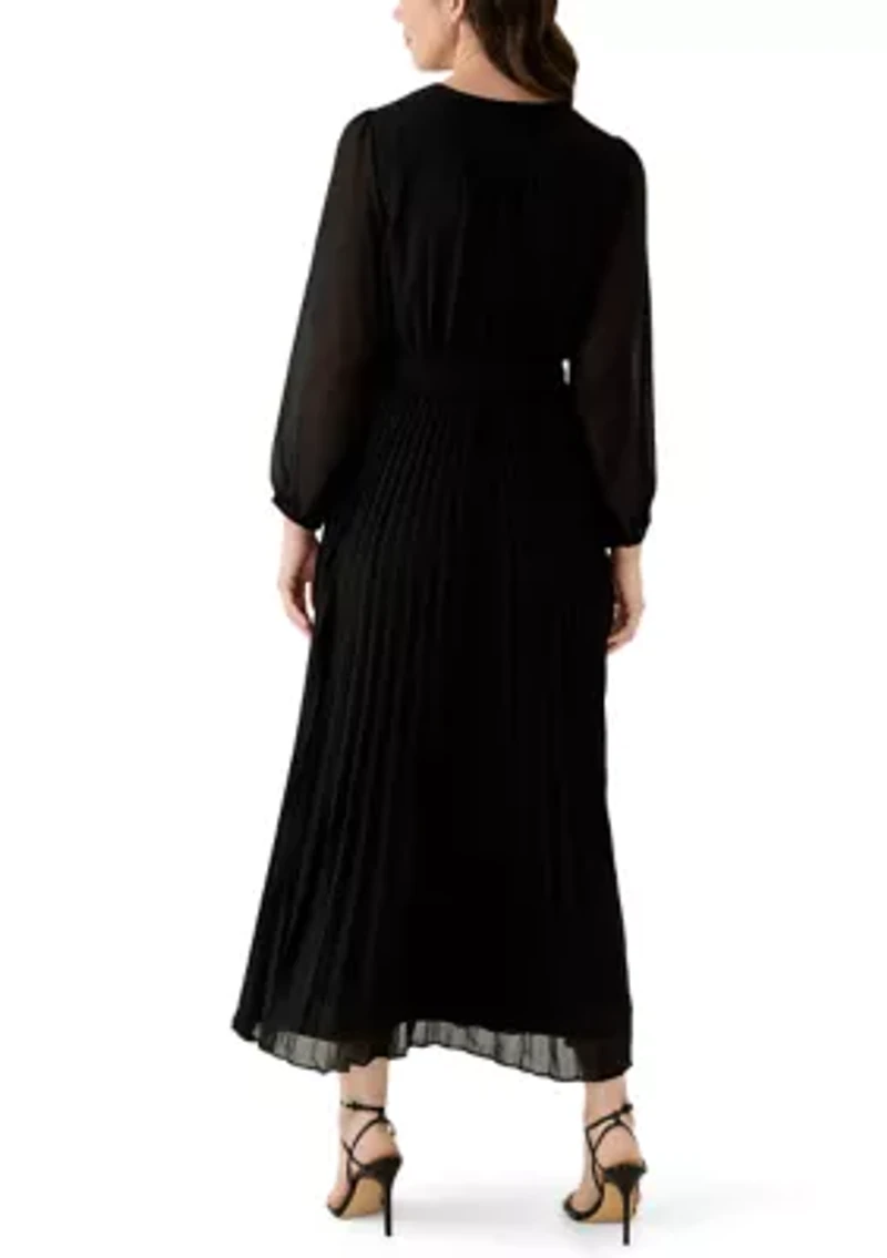 Women's 3/4 Sleeve Solid Belted Midi Chiffon Fit and Flare Dress