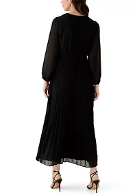 Women's 3/4 Sleeve Solid Belted Midi Chiffon Fit and Flare Dress