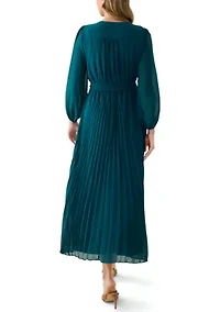 Women's 3/4 Sleeve Solid Belted Midi Chiffon Fit and Flare Dress